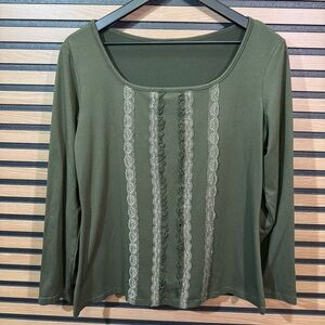 Olive Green Long-Sleeve Scoop Neck Top with Lace Trim
